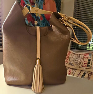 GiGi New York Taupe Pebbled Leather Hobo Shoulder Bag Cream Tassel Gold